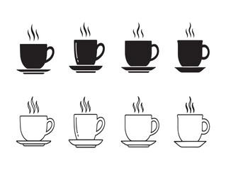 Obraz premium Black and white illustration of eight cups of steaming hot coffee or tea