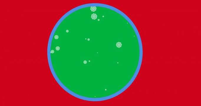 Digital animation of snowflakes falling round banner against red background