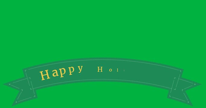 Digital animation of happy holidays text over green ribbon banner against black background