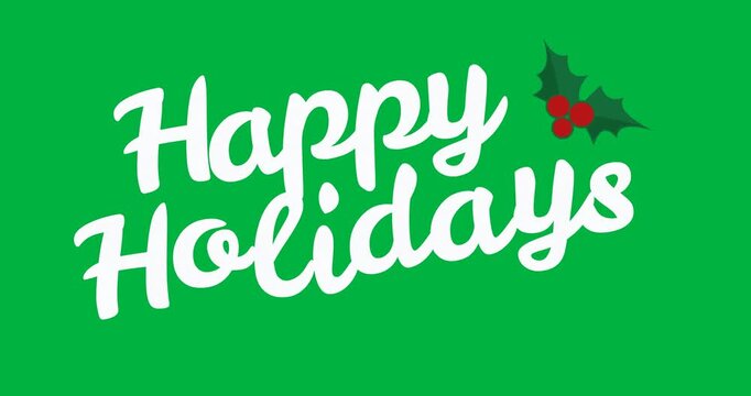 Digital animation of happy holidays text with mistletoe icon against black background