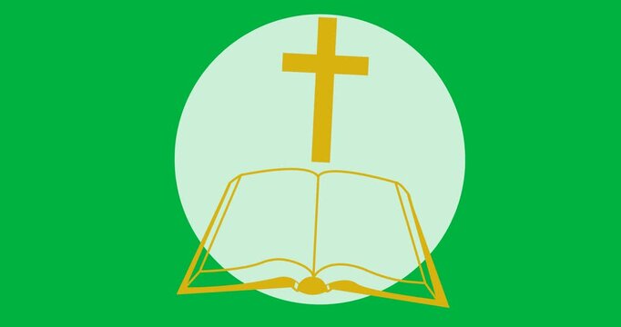 Digital animation of cross over a holy bible icon against black background
