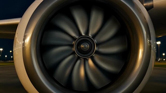 Close up of airplane engine detail showing mechanical technology