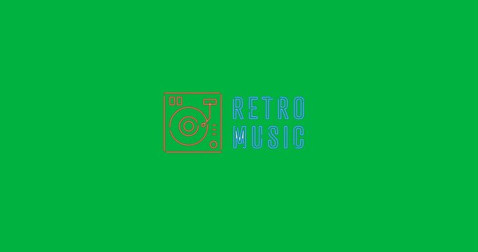 Digital animation of neon retro music text banner with turntable icon against black background
