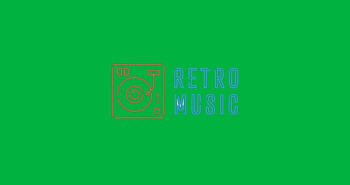 Digital animation of retro music text banner with turntables icon against black background