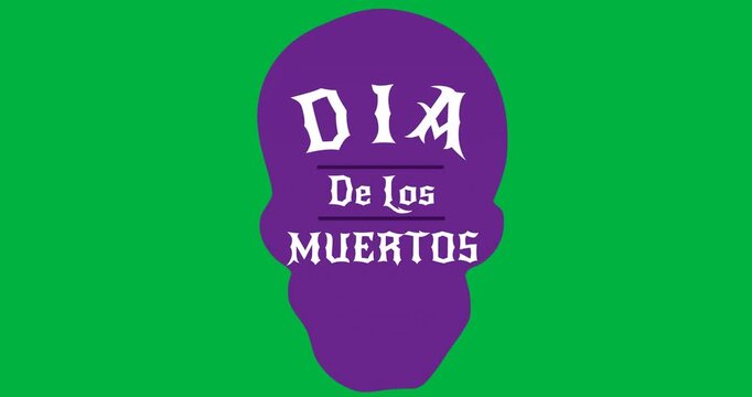 Digital animation of dia de los muertos text over purple skull icon against black background