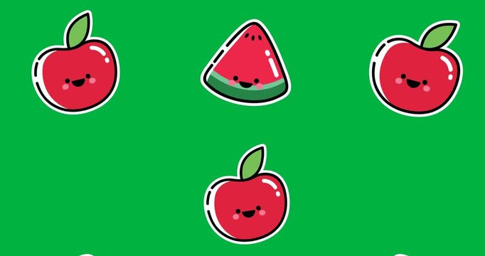 Multiple watermelon and apple icons moving in seamless pattern against black background