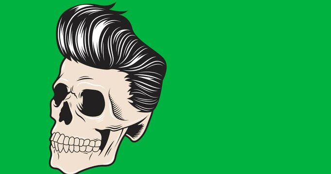Digital animation of skull with hair icon with copy space on black background