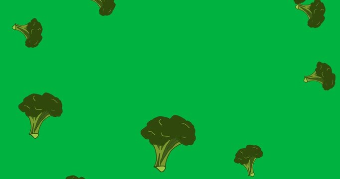 Digitally generated image of multiple broccoli icons falling against black background