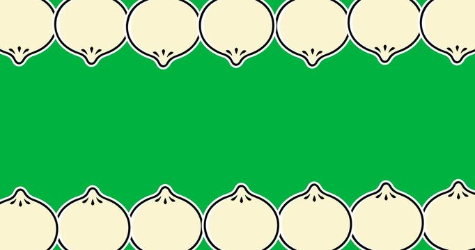 Multiple onion icons moving in seamless pattern with copy space against black background