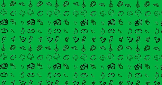 Animation of rows of pictograms of food items on transparent background