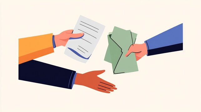 Negotiation compromise teamwork hand exchanging agreement papers showing resolution no faces visible office setup soft shadows minimal style