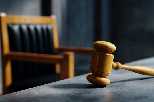Gavel and judge chair, close up shot from courtroom environment