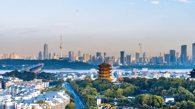High angle timelapse of the Yangtze River Bridge and Yellow Crane Tower in Wuhan, Hubei Province, China