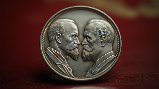 Coin heads portrait of a statesman signing peace accords and tails portrait of the same figure on a commemorative double faced coin