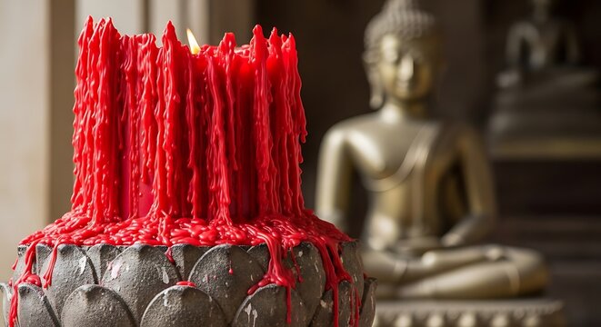A close-up of a large, red, melted candle on a decorative base with a blurred golden Buddha statue in the background, suggesting a temple setting.