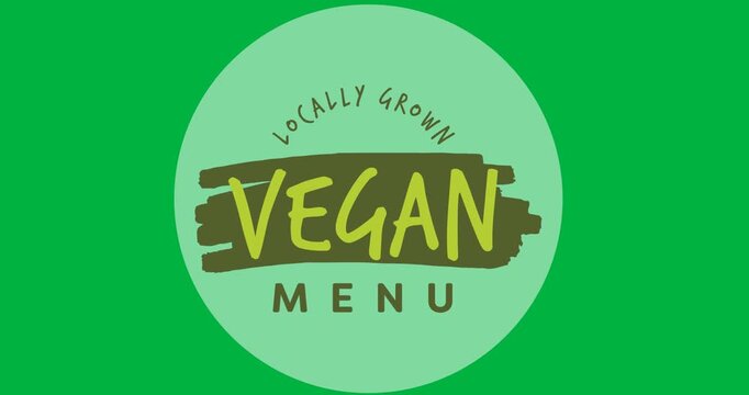 Digital animation of locally grown vegan menu over a grey round banner on black background