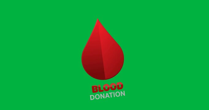 Digital animation of blood donation text and blood drop icon against black background