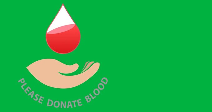 Blood drop falling over a hand icon with donate blood text against black background