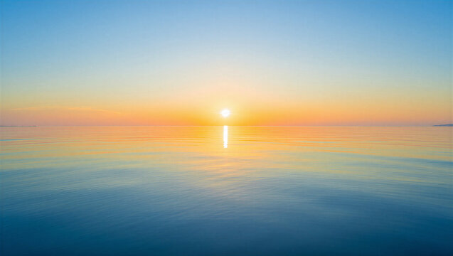 Golden sun reflecting on the tranquil ocean surface during a sunset with reflection, tranquil