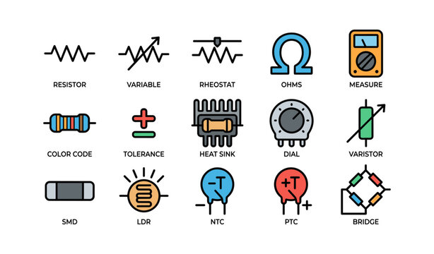 Diverse electrical component icons featuring resistor, capacitor, ohm, and more