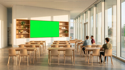 Fototapeta premium Bright modern classroom with wooden desks and chairs, a large green screen display, and large windows with natural light