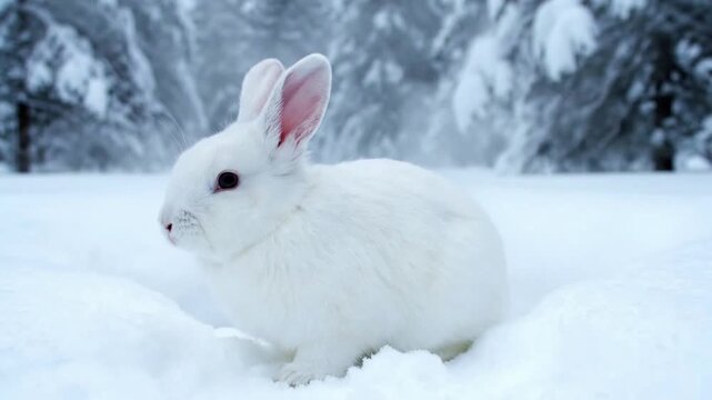 white rabbit in snow, snowstorm, winter landscape