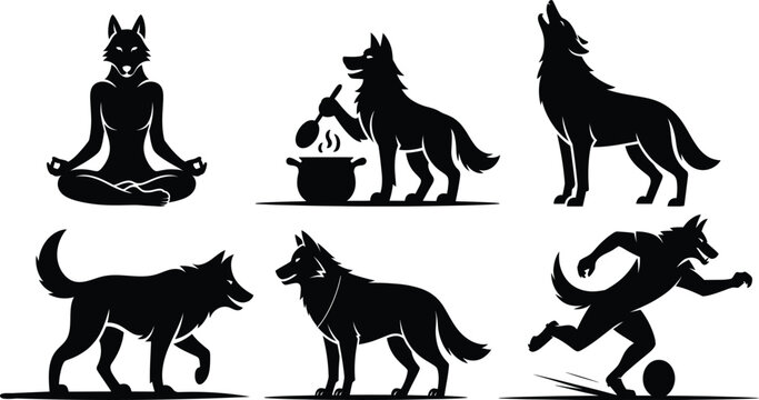 Black silhouettes of wolves in various poses and activities wolf white background yoga