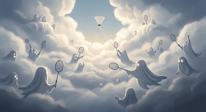 Whimsical scene of friendly ghosts playing badminton in the clouds, ethereal spirits engaging in a celestial match with shuttlecock and rackets in a dreamy sky