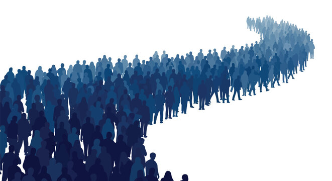 Large crowd of blue silhouettes walking in a long winding line across a plain white empty background