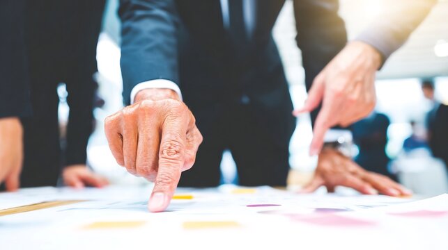 Problem solving leadership teamwork executive pointing toward document while guiding team solution no faces visible meeting room setup soft ambient light structured composition