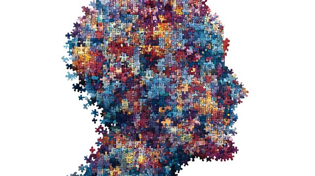 Human head silhouette shape composed of many colorful interlocking jigsaw puzzle pieces on