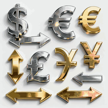 Create a realistic kinds of deferent Metal currency symbols and arrows vector art with white background..