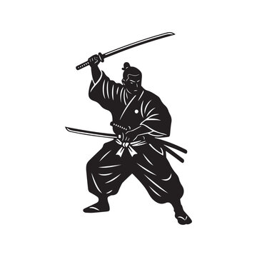 Black silhouette of a samurai warrior dual wielding katana swords in a dynamic fighting pose vector illustration
