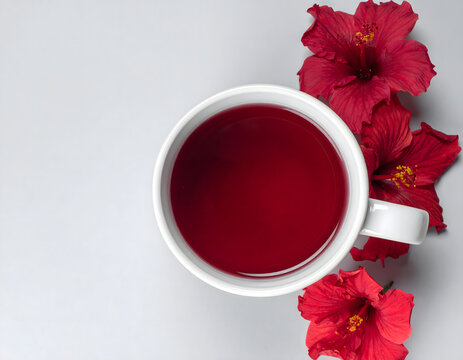 Vibrant red hibiscus tea infusion in a white cup with tropical flowers and star anise, elegant wellness and herbal concept, top view,  digital art, AI generated, copy space