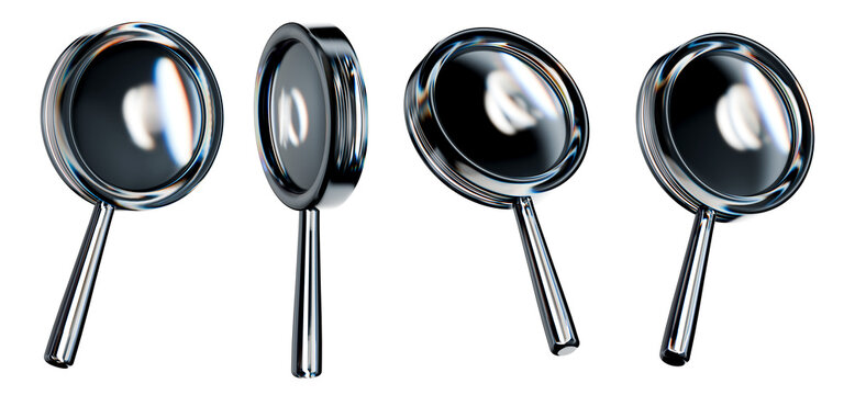 Abstract 3D transparent glass magnifying glasses with rainbow scattering. Glossy geometric shapes. Isolated PNG