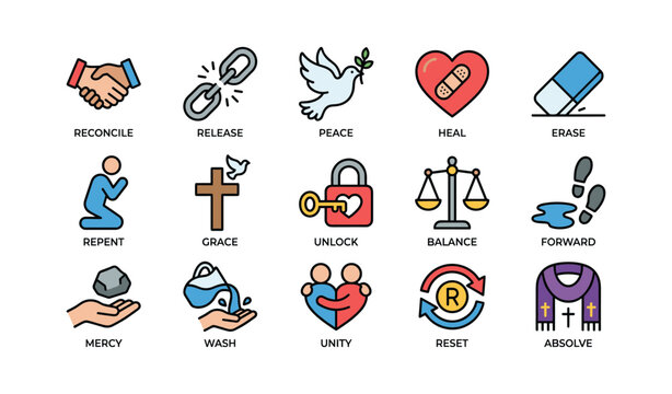 Icons of peace, healing, and unity in justice and mercy themes