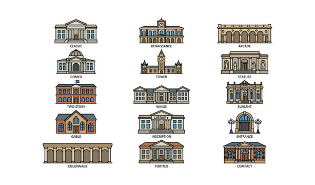 Iconic architectural styles: classic, renaissance, arcade, dome, gable, portico designs