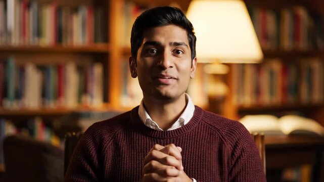 Man in Library Expressing Emotions.