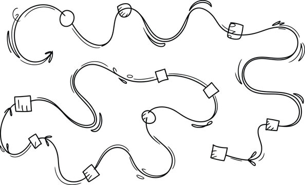 Hand drawn doodle arrows and geometric shapes connecting in a flowing path across the screen