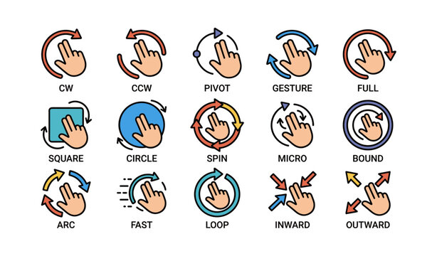 Hand gesture icon set: cw, ccw, pivot, gesture, full, square, circle, spin, micro, bound, arc, fast, loop, inward, outward
