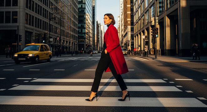 Woman crosses city street in red coat, black pants. Represents urban lifestyle, fashion, travel, and a confident stride in a metropolitan setting