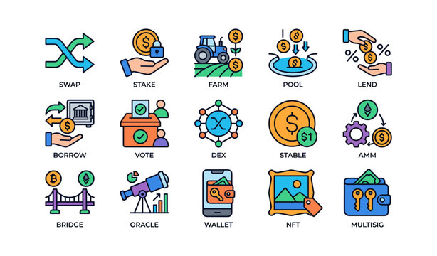 Blockchain financial concepts icons: swap, stake, farm, pool, lend