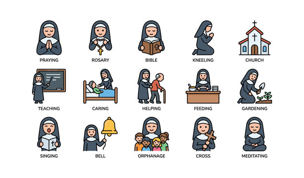 Nuns engaged in prayer, caregiving, and community activities illustrated icons