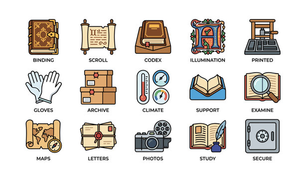 Historical documents and tools: scroll, codex, and illumination icons