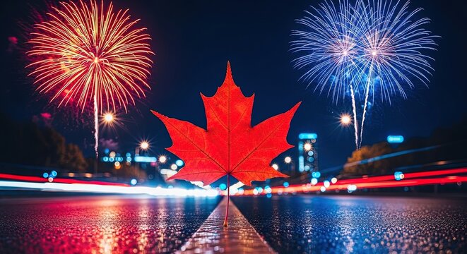 Canada day celebration vibrant fireworks display over a glowing maple leaf