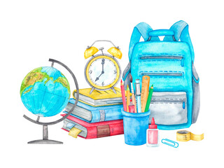 Back to school. A bright composition of school supplies: a backpack, a stack of books, a globe, an alarm clock, pens, pencils, paper clips. Hand-drawn watercolor illustration. © Svetlana