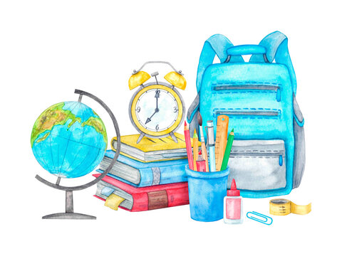 Back to school. A bright composition of school supplies: a backpack, a stack of books, a globe, an alarm clock, pens, pencils, paper clips. Hand-drawn watercolor illustration.