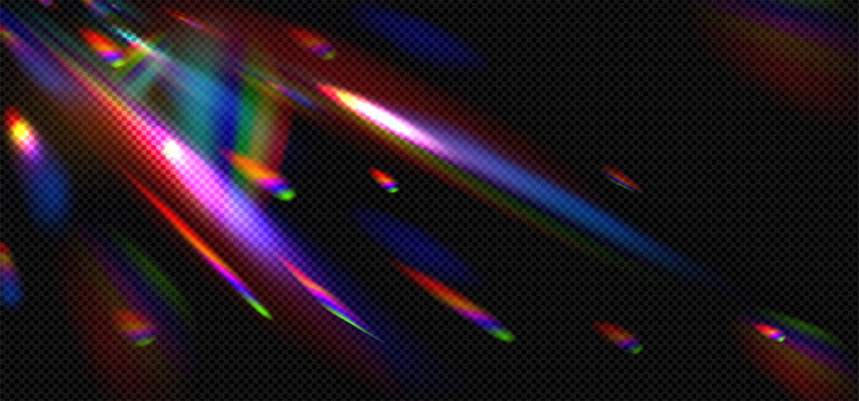 Realistic rainbow prismatic light effect on dark transparent background. Colored lens flare and light refraction effect.