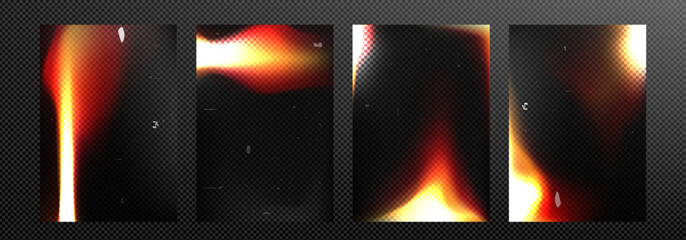 Fototapeta premium Film burn and light leak overlay pack with warm red-yellow gradient and realistic burned film edge texture, isolated on transparent and dark background.