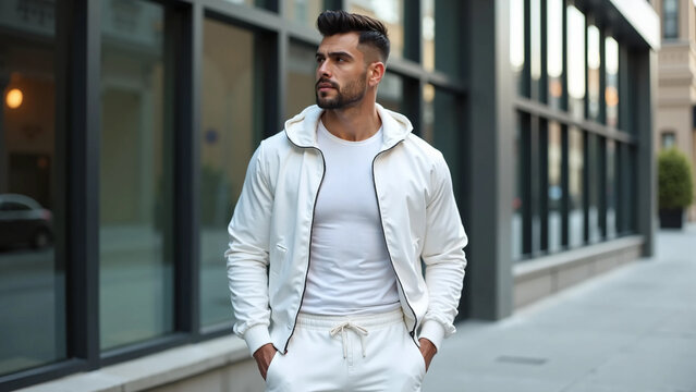 Confident Man in White Modern Athleisure Tracksuit Walking in Urban City Street